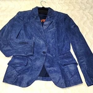 Rare Vintage Womens Denim Blue Leather Blazer/Jacket  Size 8 (slim Fit)